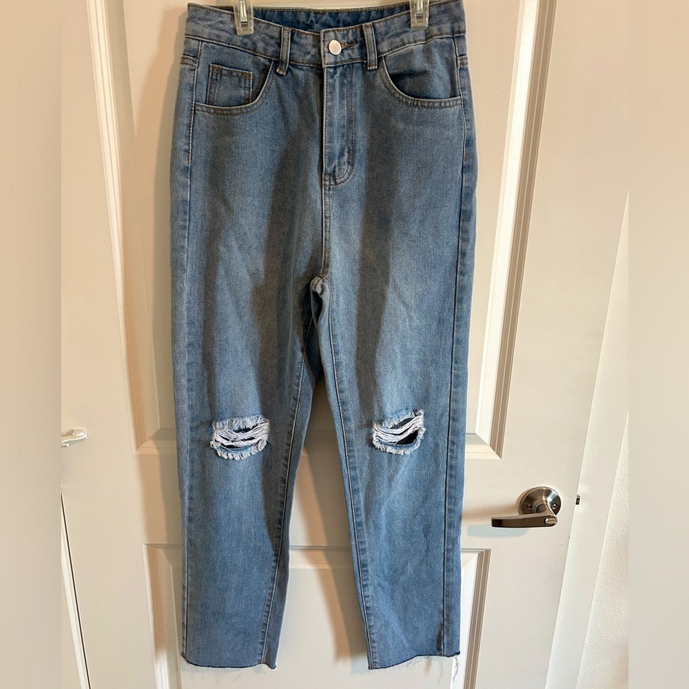 Oversized women distressed denim jeans, light blue high waisted ripped pants, S